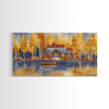 Lakeside cabin in autumn, framed canvas print, cozy fall decor, rustic cabin home decor, fall landscape wall art, perfect autumn gift idea