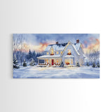 Cozy Winter House with Snowy Landscape, Christmas Decor, Framed Canvas Print, Farmhouse Christmas Decor, Seasonal Wall Art, Gift Idea