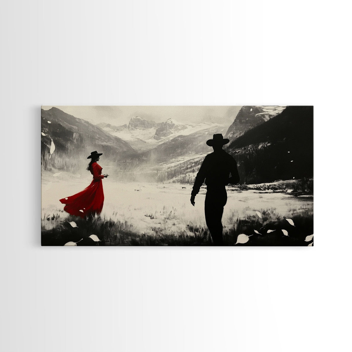 Winter Forest Cowboy Framed Canvas Print Christmas Cowboy Art Above Sofa Holiday Wall Decor Seasonal Winter Wonderland Gift