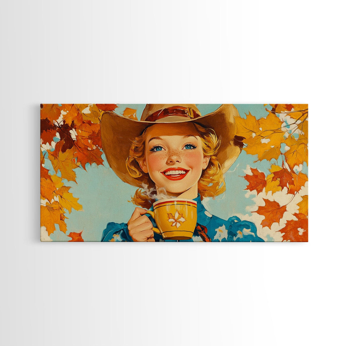 Happy Cowgirl Enjoying Hot Cocoa, Framed Canvas Print, Cute Fall Decor, Rustic Farmhouse Wall Art, Retro Style Trendy Autumn Decor