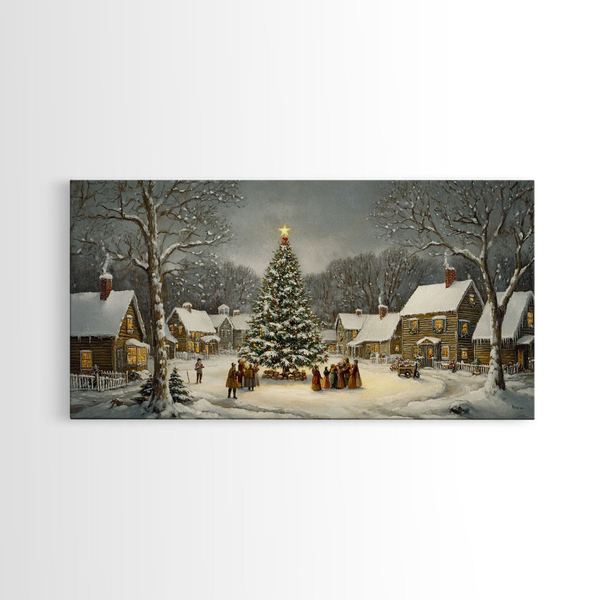 Large Christmas Tree In Snowy Village With Families, Winter Wonderland Holiday Wall Art, Framed Canvas Print, Rustic Christmas Decor