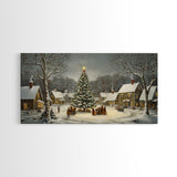 Large Christmas Tree In Snowy Village With Families, Winter Wonderland Holiday Wall Art, Framed Canvas Print, Rustic Christmas Decor