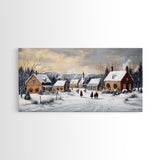Snowy Village Church Scene, Rustic Christmas Landscape Wall Art, Winter Wonderland Framed Canvas Print, Country Holiday Home Decor