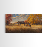 Horseback Riders In Autumn Near Barn, Rustic Fall Wall Art, Cozy Farmhouse Decor Framed Canvas Print, Harvest Time Country Art