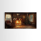 Vintage Christmas Living Room Framed Canvas Print with Fireplace and Stockings, Cozy Rustic Holiday Wall Art, Best Christmas Gift Idea