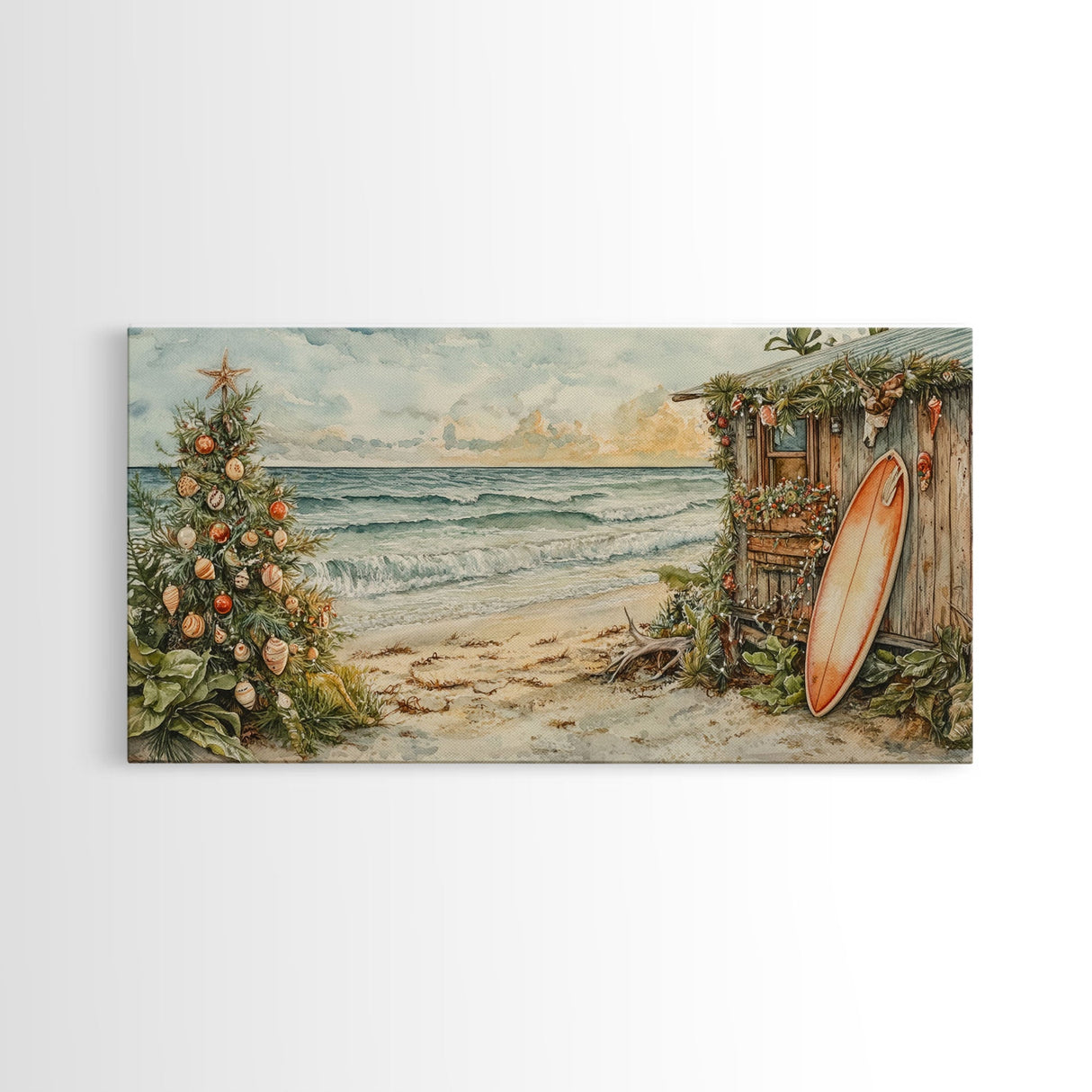 Christmas Tree Beside Rustic Beach House Coastal Holiday Scene Framed Canvas Print, Beach Christmas Wall Art And Decor