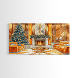 Luxurious Christmas Living Room Framed Canvas Print, Golden Holiday Decor with Christmas Tree and Fireplace Winter Wall Art
