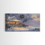 Christmas beach decor scene in tropical house with wreath and lights, Framed Canvas Print palm trees snow, winter art and holiday home decor