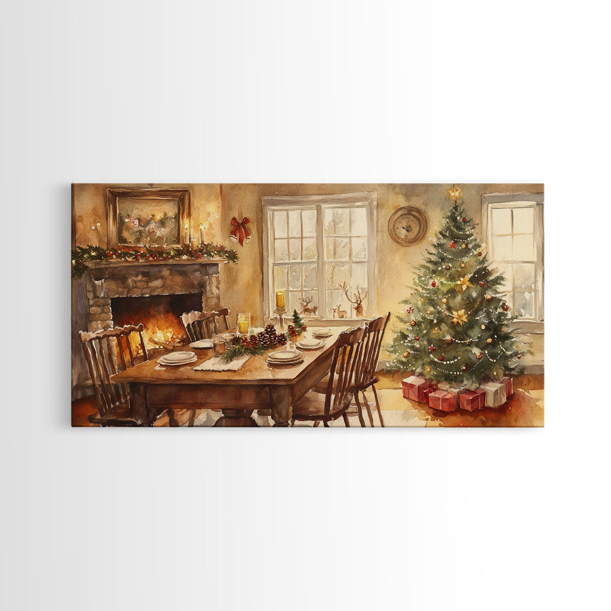 Rustic Christmas dining room scene with a Christmas tree, Framed Canvas Print with a festive table warm fireplace, farmhouse holiday decor