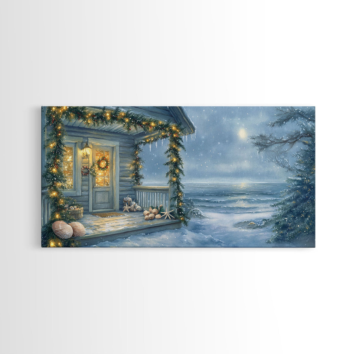 Rustic snowy mountain cabin with Christmas lights, Framed Canvas Print a cozy winter scene, perfect for winter wonderland wall decor