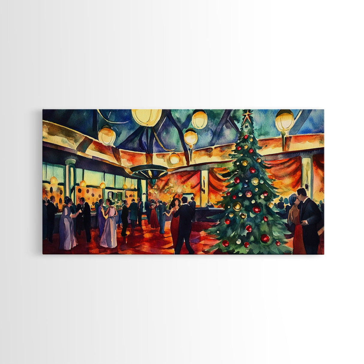 Elegant ballroom Christmas tree with dancing couples, framed canvas print vibrant holiday party decor perfect seasonal wall art