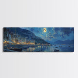 Horizontal Oil Painting Print - Italy At Night - Portofino Wall Art - Horizontal Panoramic Print - Full Moon Painting