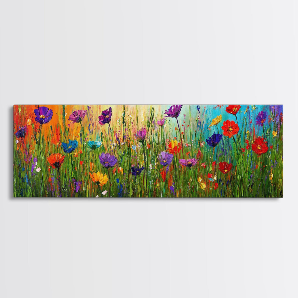 Purple Flowers, Panoramic Floral Print, Framed Canvas Art, Wildflowers Painting Spring Flower Watercolor Art Print, Field of Wildflowers