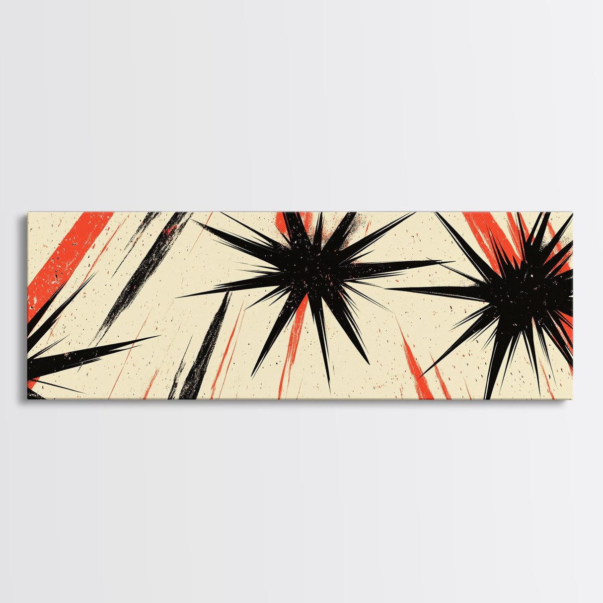 Flashes and Light - Framed Canvas Print - Mid-century Modern Rocket Age Inspired Wall Art - Black Stars with Red Streaks