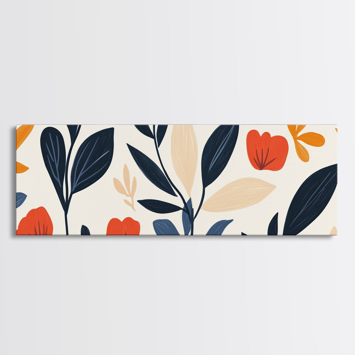 MCM Floral Print, Framed Canvas Art With Wood Frame, Over Sized Extra Wide Art For Above Sofa, Blue flowers on Black Background
