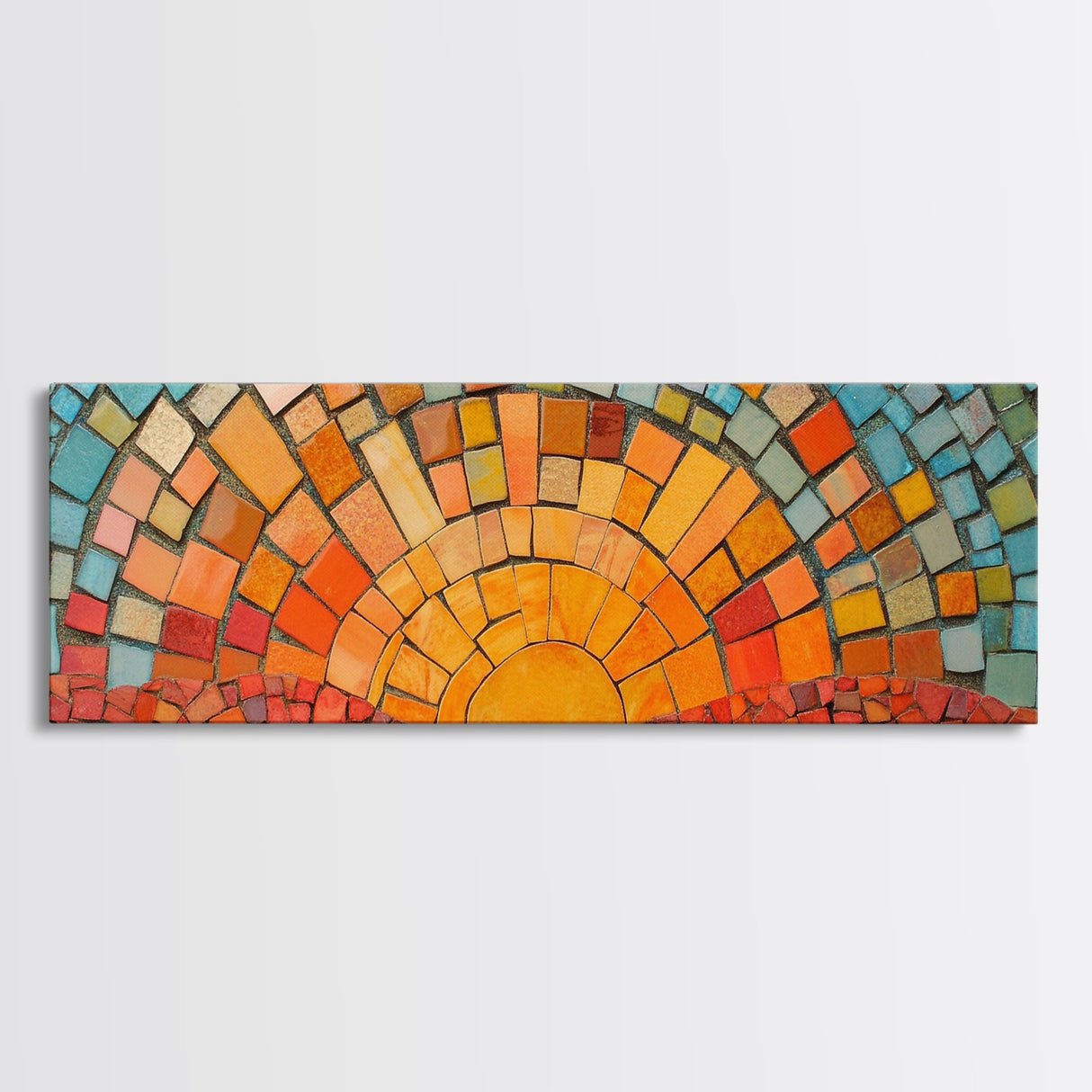 Wood Framed Mid Century Modern Wall Art - Sunset Mosaic Tiles Print - Horizontal Modern Wall Art - Panoramic Above Bed Decor - Boho Wall Art
