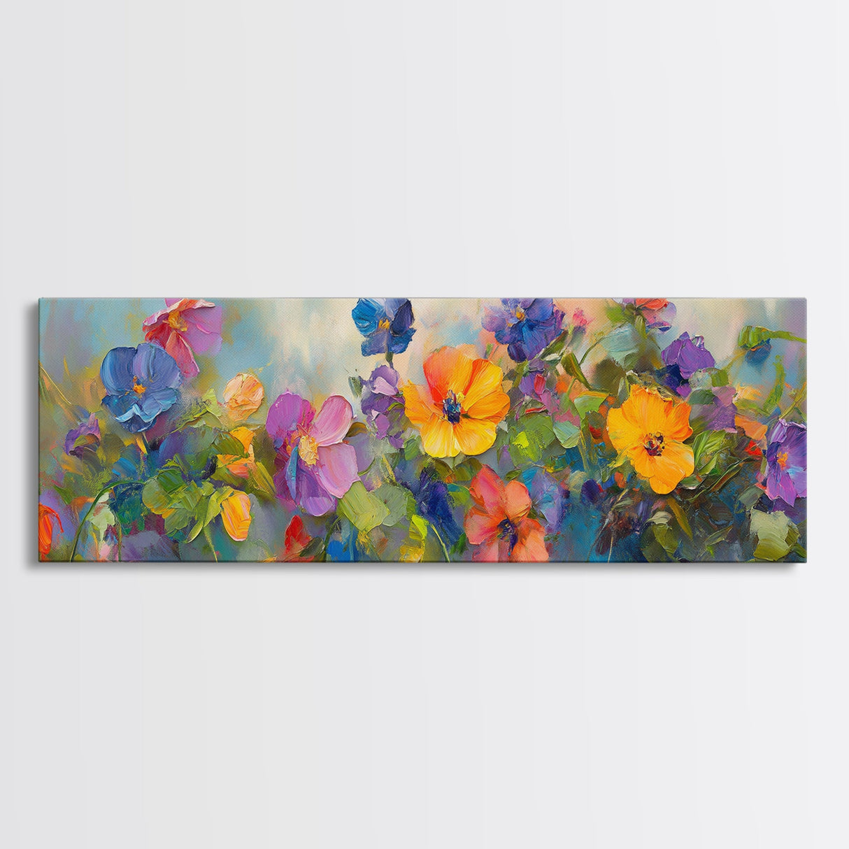 Wildflowers Field Framed Canvas Print Oil Painting, Long Horizontal Art, Vintage Spring Meadow Landscape, Panoramic Landscape Print
