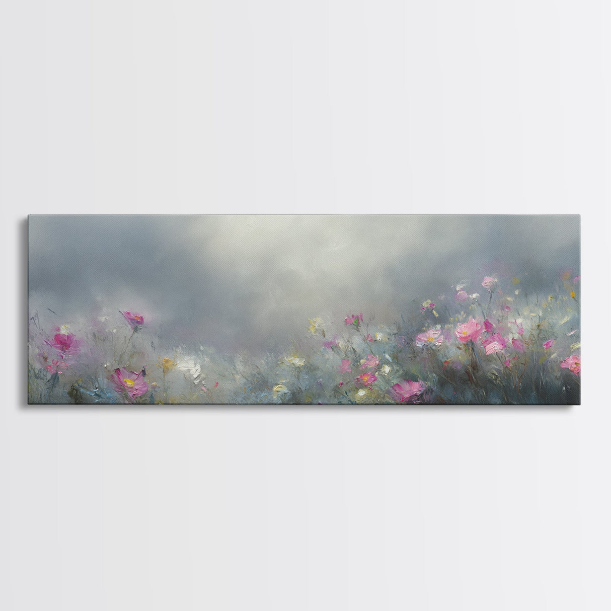 Moody Wild Flowers Under a Cloudy Sky, Panoramic Framed Canvas Print, Nature Decor, Boho Floral Wall Art, Flower Painting Gift For Her