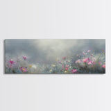 Moody Wild Flowers Under a Cloudy Sky, Panoramic Framed Canvas Print, Nature Decor, Boho Floral Wall Art, Flower Painting Gift For Her