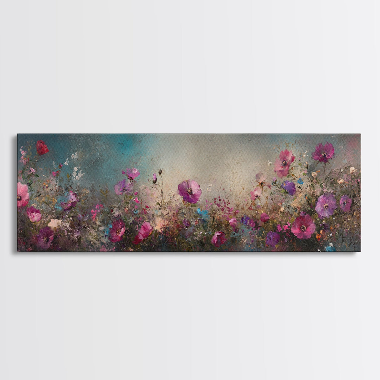 Abstract Pink Flower Painting Print, Wood Framed Wall Art, Flowers Wall Art, Vintage Landscape Wildflowers Painting