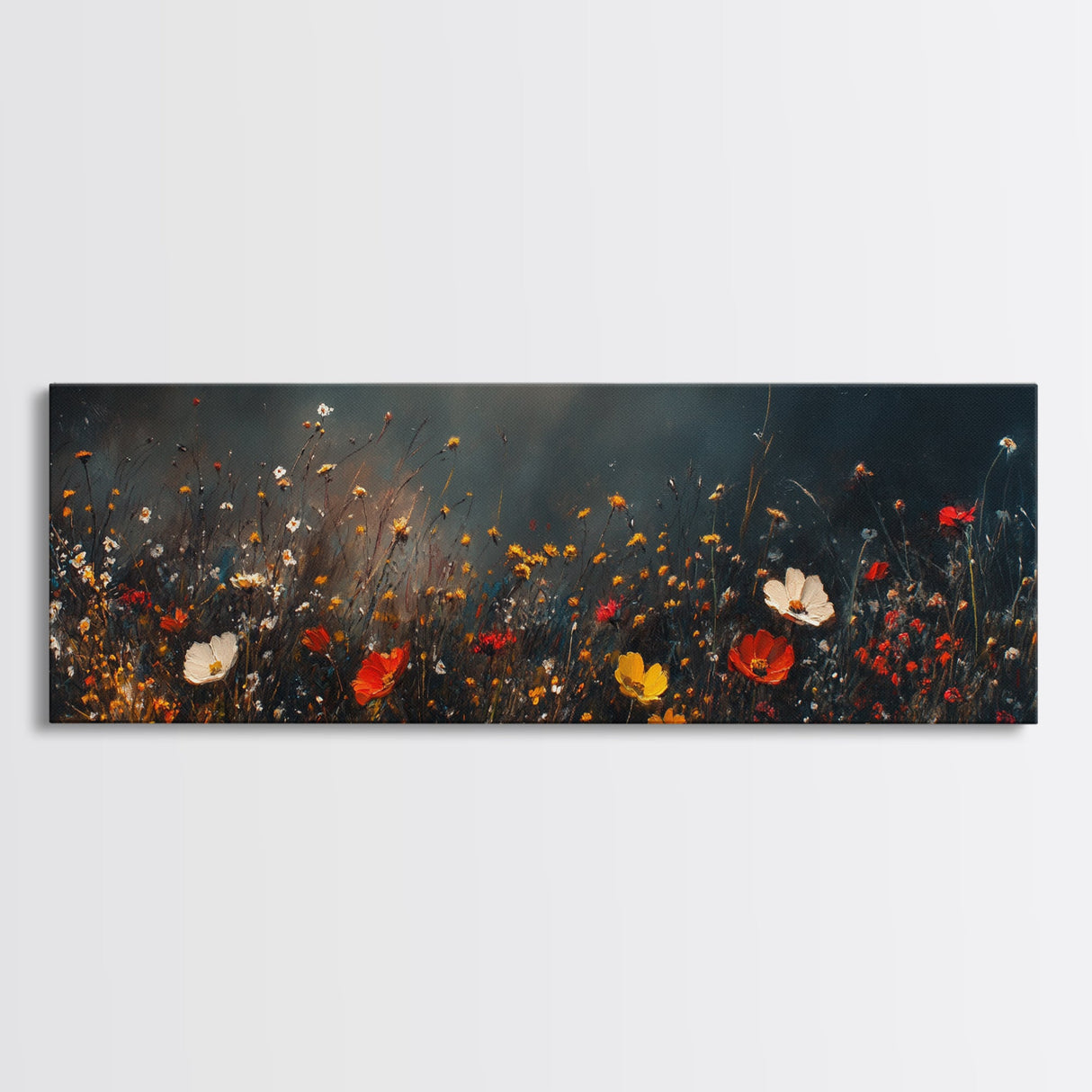 Wildflowers On A Stormy Day, Framed Canvas Print, Panoramic Wall Art, Moody Muted Decor, Above Sofa Or Couch Oversized Art