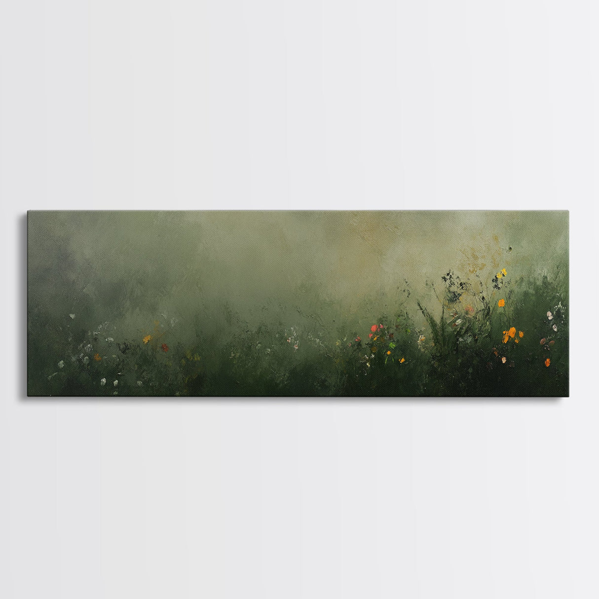 Fog Over The Wild Flowers Framed Canvas Print, Moody Muted Decor, Panoramic Painting Wall Art, Living Room Decor
