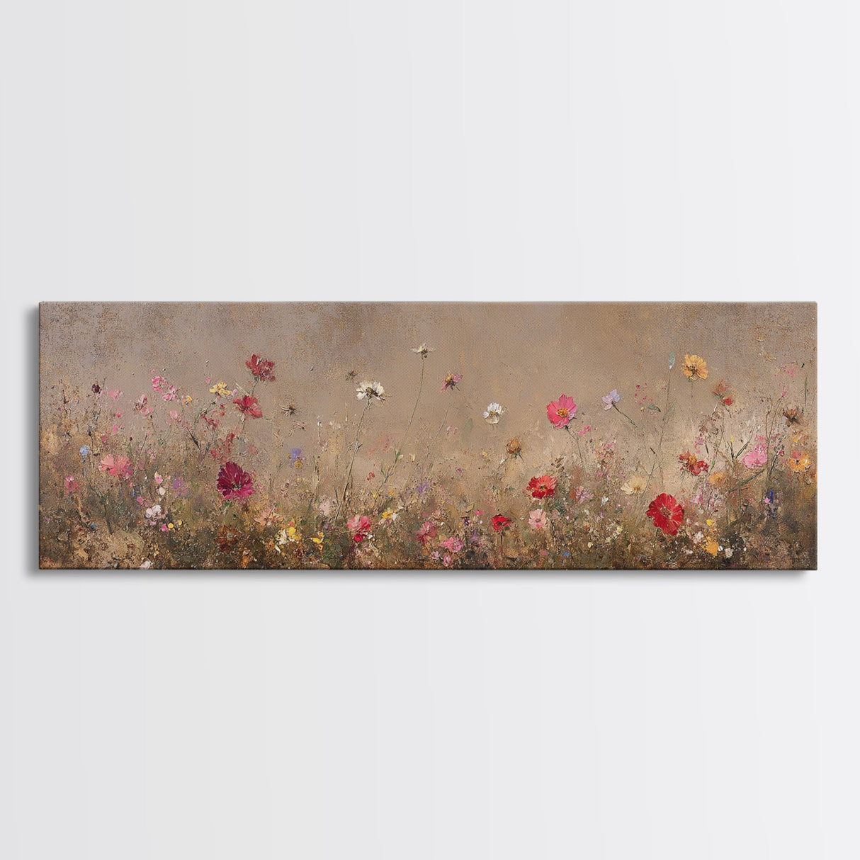 Wild Flowers On a Grey Background, Framed Canvas Print, Panoramic Oil Painting Print, Boho Farmhouse Decor, Modern Rustic Primitive Decor