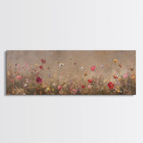 Wild Flowers On a Grey Background, Framed Canvas Print, Panoramic Oil Painting Print, Boho Farmhouse Decor, Modern Rustic Primitive Decor