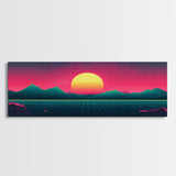 Synthwave Sunset Over The Mountains, Wireframe Art, Framed Canvas Print, Wire Frame Retro 1980s Style Wall Art