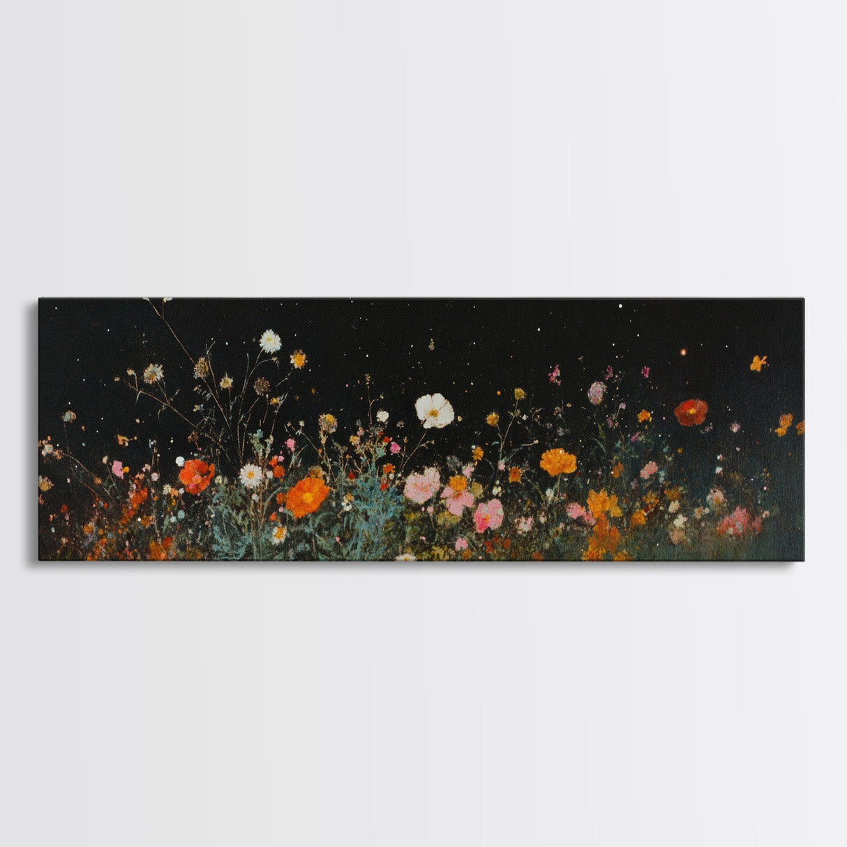 Dark & Moody Wild Flowers Under a Full Moon, Framed Canvas Print, Panoramic Extra Wide Wall Art, Oversized Home Decor