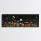 Dark & Moody Wild Flowers Under a Full Moon, Framed Canvas Print, Panoramic Extra Wide Wall Art, Oversized Home Decor