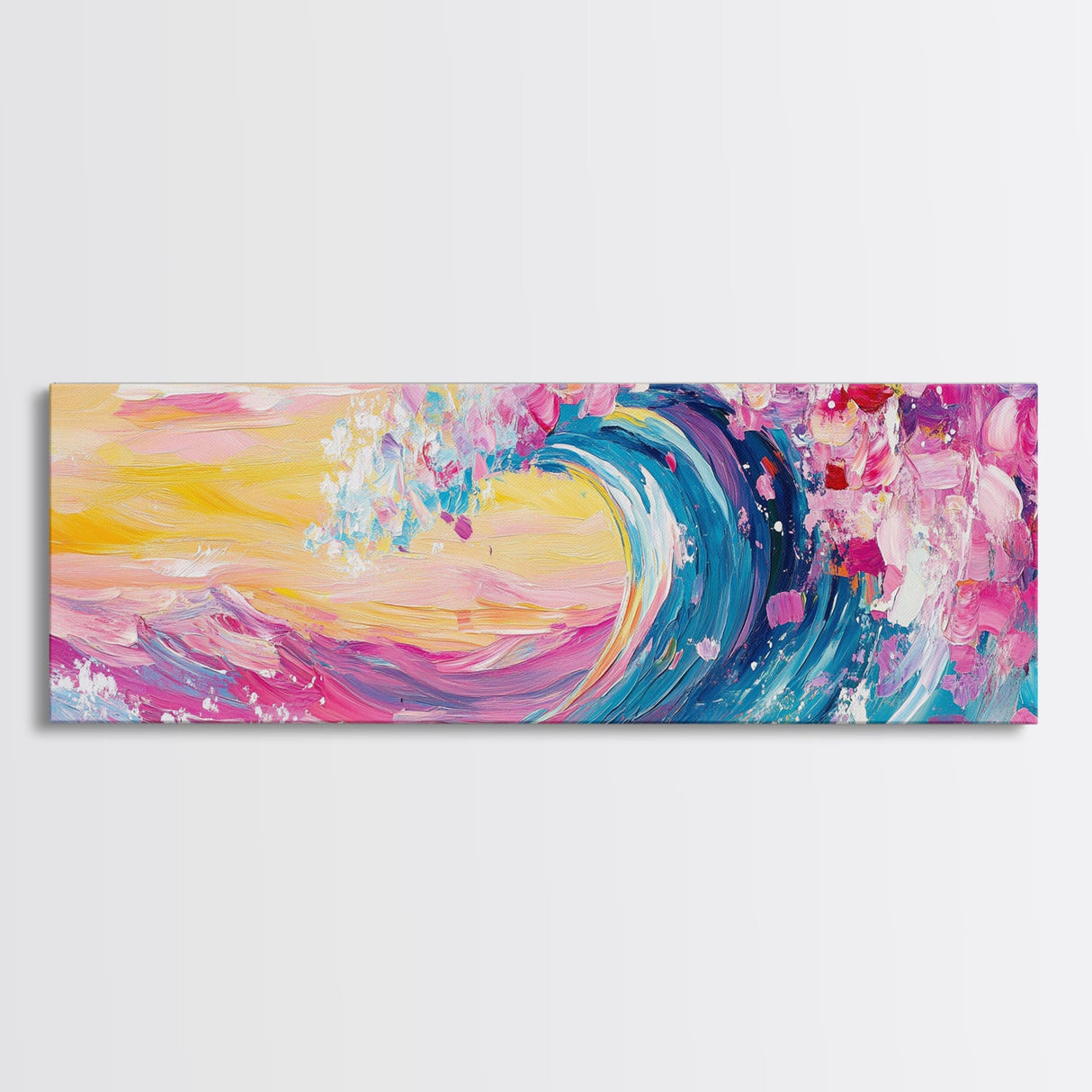 Rainbow Waves, Pink and Turquoise Ocean Waves Framed Canvas Print, Eclectic Kitsch Decor, Retro Farmhouse Wall Art