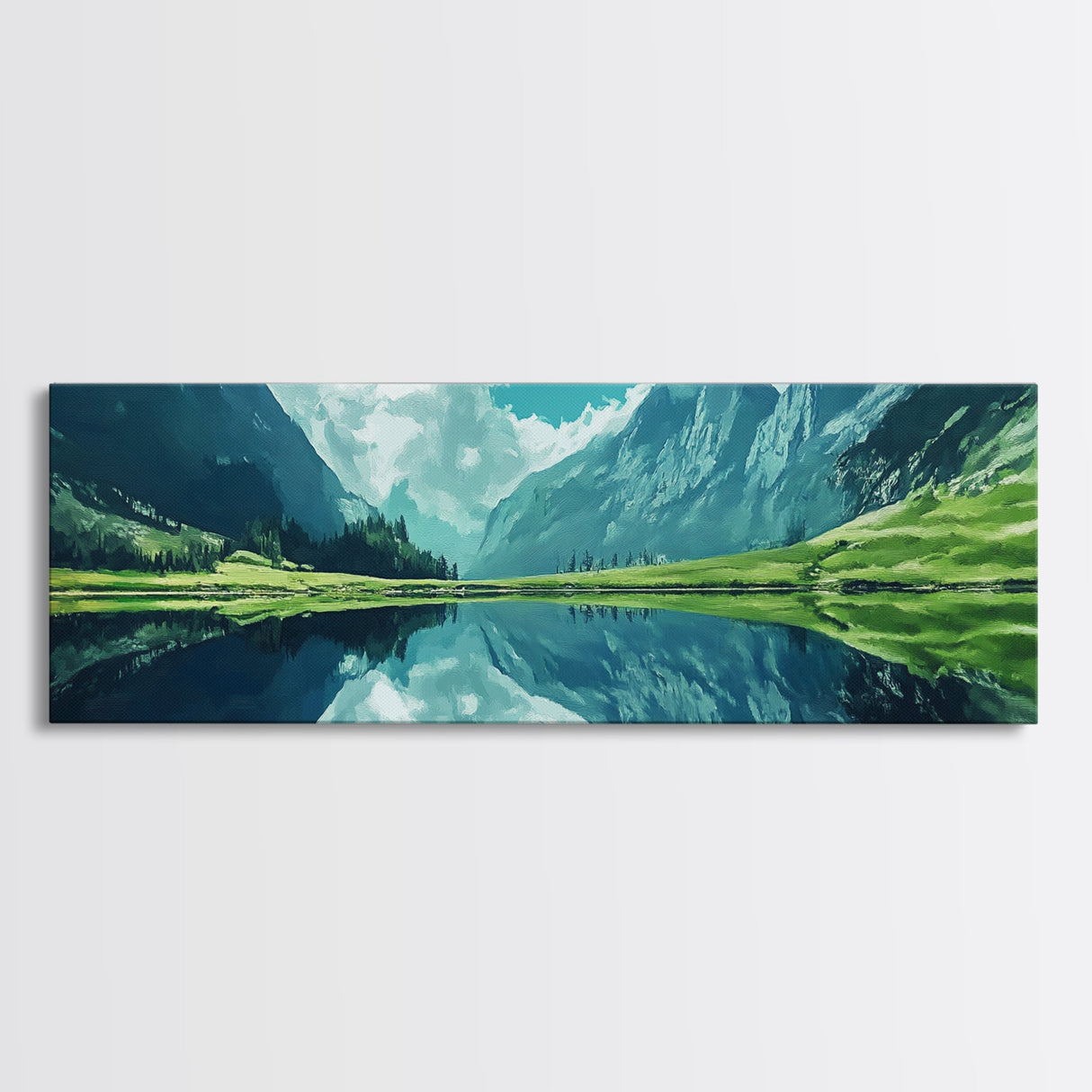 Reflections On The Lake - Framed Canvas Print - Panoramic Original Landscape Painting - Lake Painting - Mountain Painting - Minimalist Muted Art