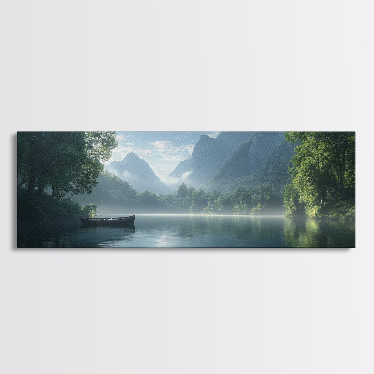 Canoe On The Lake, Framed Canvas Print, Moody Landscape Painting, Realism, Original Artwork, Rustic Lakehouse Decor, Oversized Wall Art