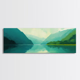 Jade Green Landscape Painting Print, Panoramic Lake Painting, Minimalist and Muted Home Decor, Emerald Green Landscape Art