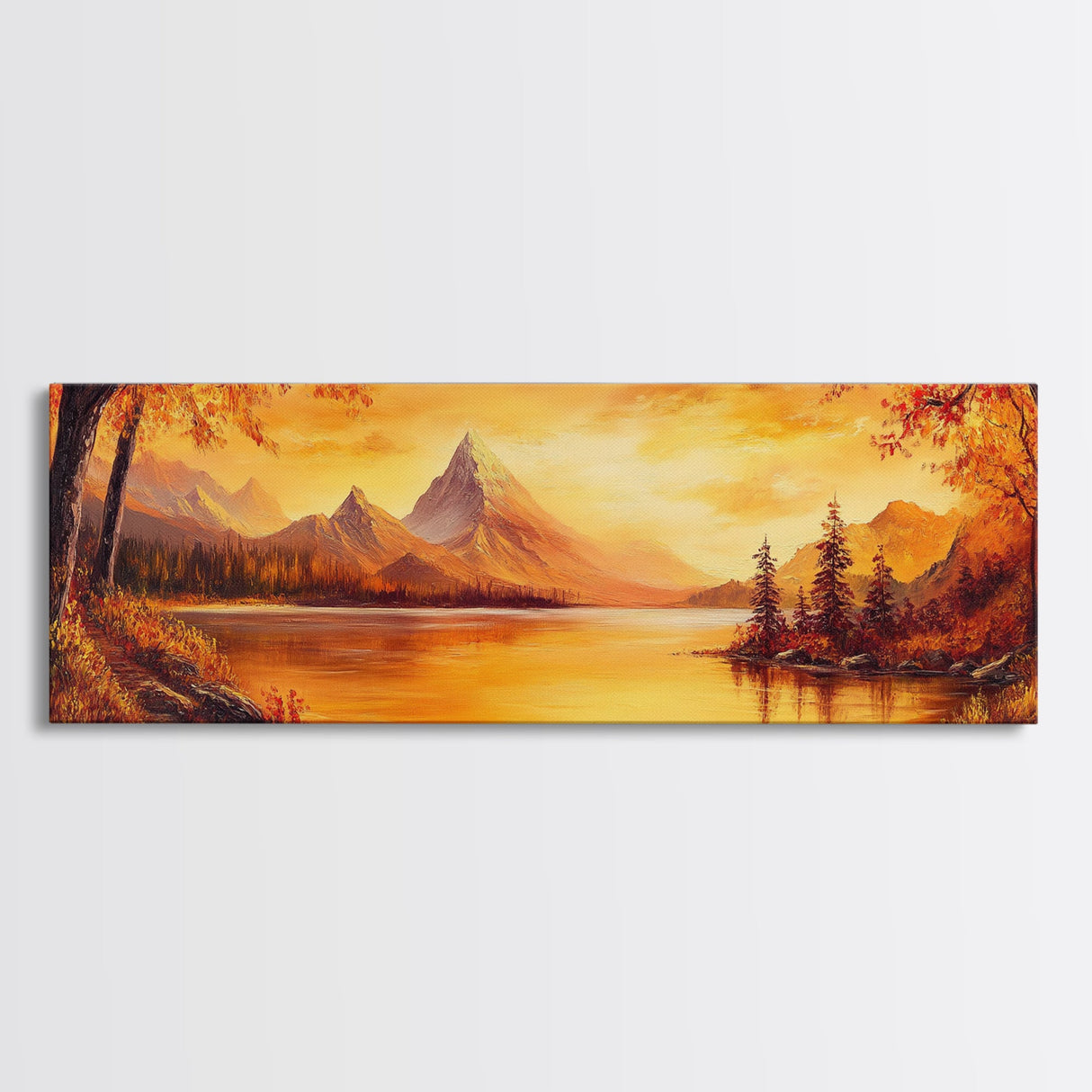 Golden Hour Over The Mountains, Sunset Landscape Painting Print, Wood Framed Artwork, Ultra Wide Panoramic Print