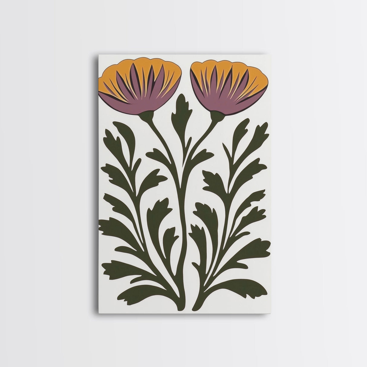 Abstract Botanical Wall Art, Framed Canvas Print, Purple Flowers on White Background
