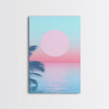 Vaporwave Sunset Framed Canvas Print with Wood Frame, Boho Style Minimalist Home Decor, Vertical Wall Art, Beach Painting
