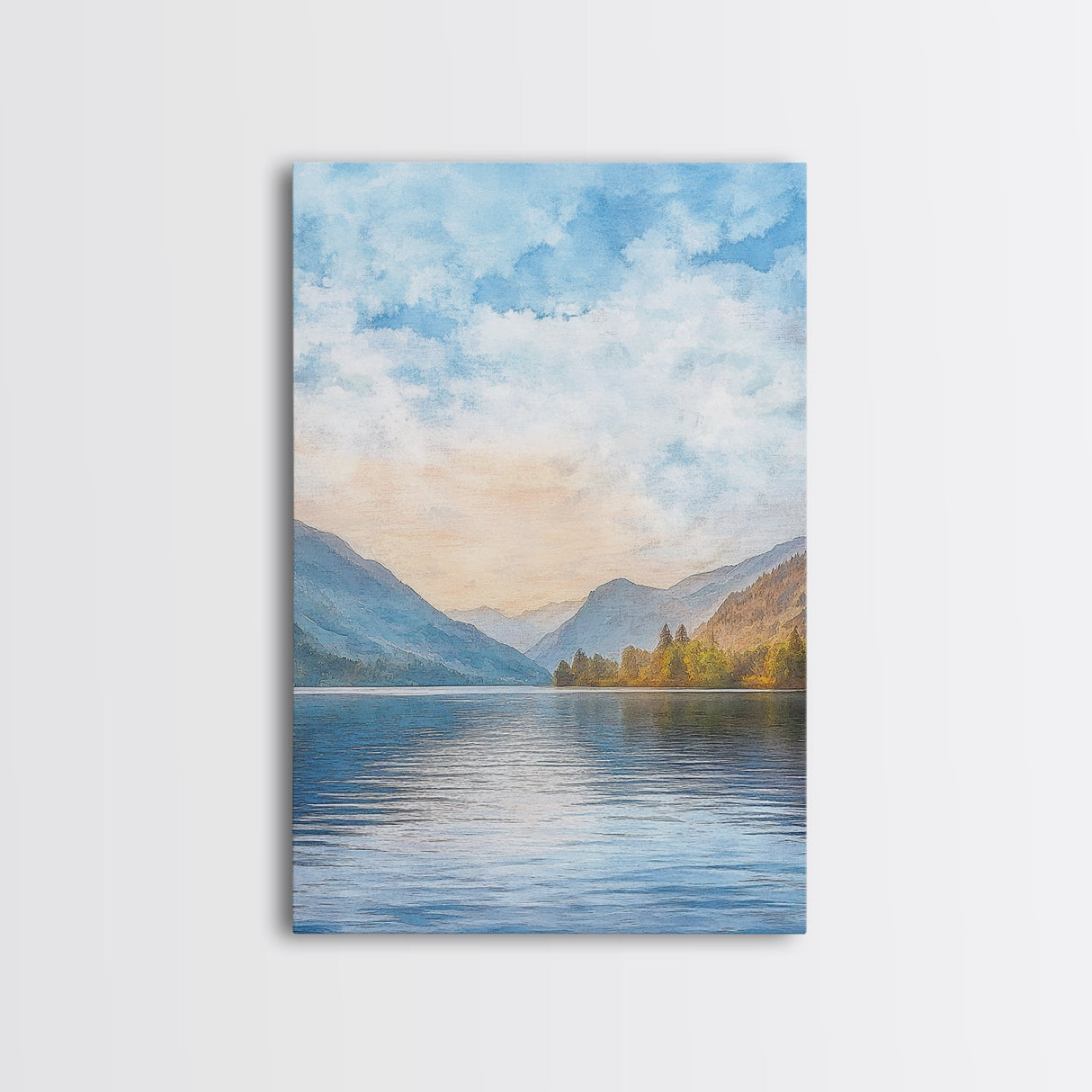 The Calm Lake Framed Canvas Print, PNW Wall Art, Modern Realism Home Decor, Watercolor Landscape Print