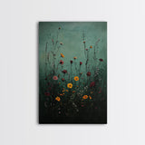 Moody Wild Flowers Print, Framed Canvas, Boho Decor, Wildflowers in a Rain Storm, Modern Farmhouse, Rustic Decor