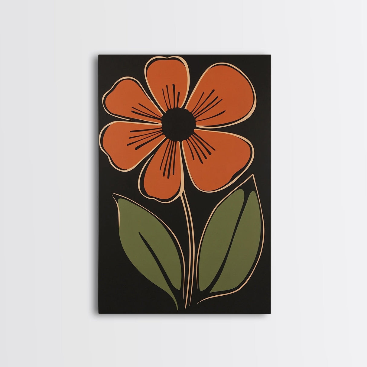 Mid Century Modern Floral Print, Orange Flower on Black Background, Framed Canvas Print