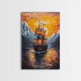 Pirate Ship Sails At Sunset, Nautical Wall Art, Fantasy Decor, Pirate Themed Art, Oil Painting, Fantasy Wall Art, Fantasy Decor