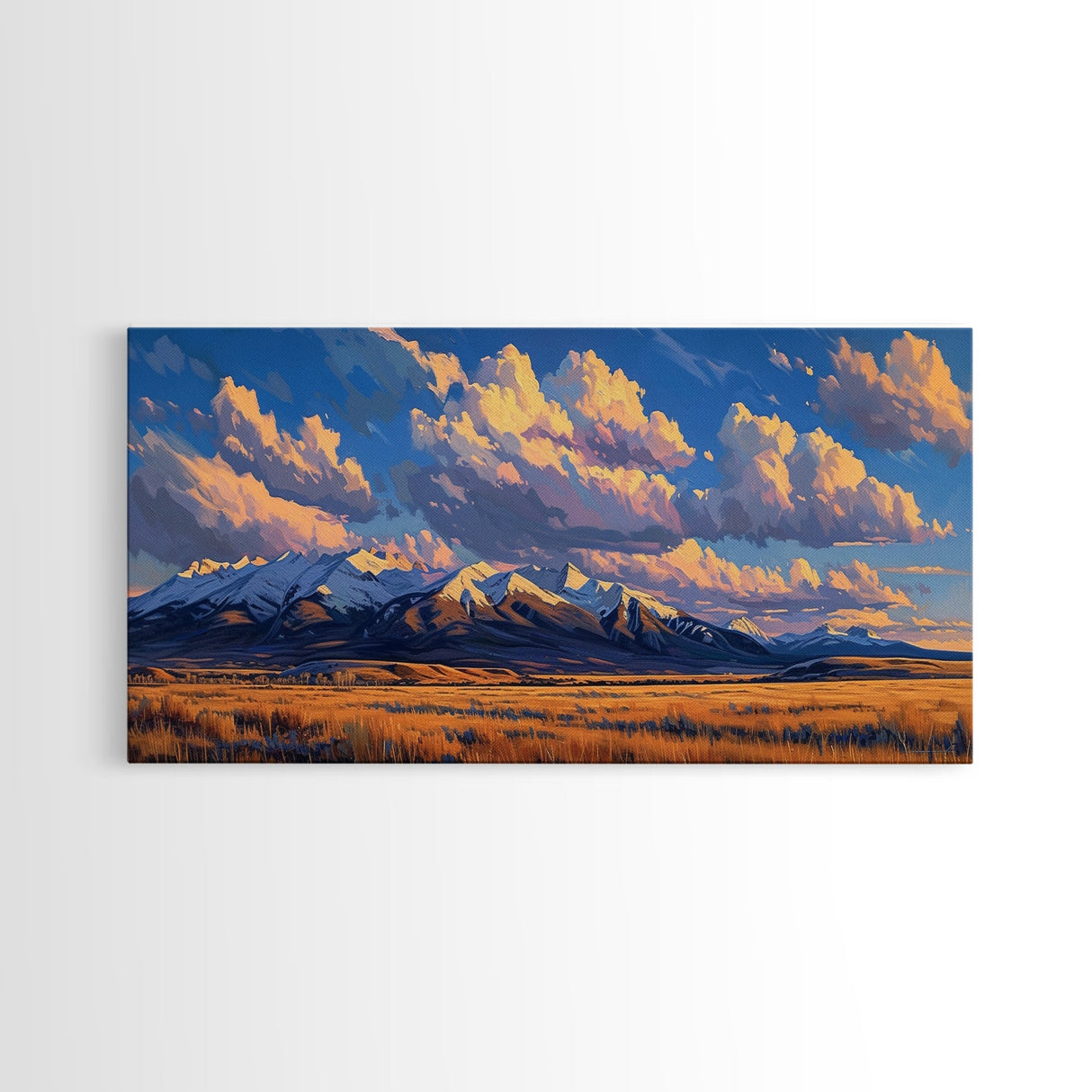 Sunset Over The Mountains Framed Canvas Print, Panoramic Art, Large Format Horizontal Panoramic Wall Art