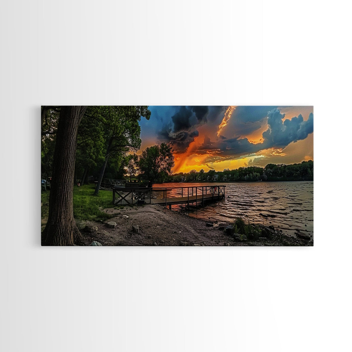 Sunset At The Lake Framed Canvas Print, Lakehouse Decor, Rustic Modern Farmhouse Wall Art, Photography Style Landscape Art