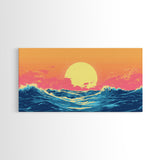 Vaporwave Sunset Over Ocean Waves Framed Canvas Print, Retro Vibes Wall Art