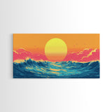 Retro Sunset Over The Ocean, Framed Canvas Print, Beautiful Synthwave Horizontal Wall Art