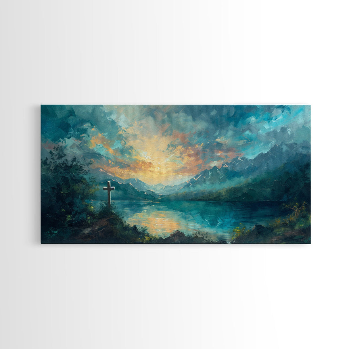 Painting Of a Cross And a Beautiful Landscape, Framed Canvas Print, Christian Wall Art