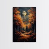 Full Moon Over a Haunted Forest, Framed Canvas Print, Wood Framed Wall Art, Dark Academia Witchy Decor