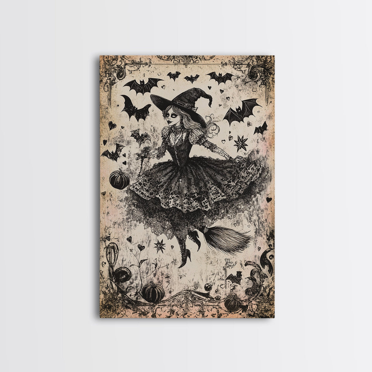Spooky Season Halloween Witch, Witchy Decor Canvas Print, Black and White Witch Painting Print, Charcoal Sketch Of a Witch