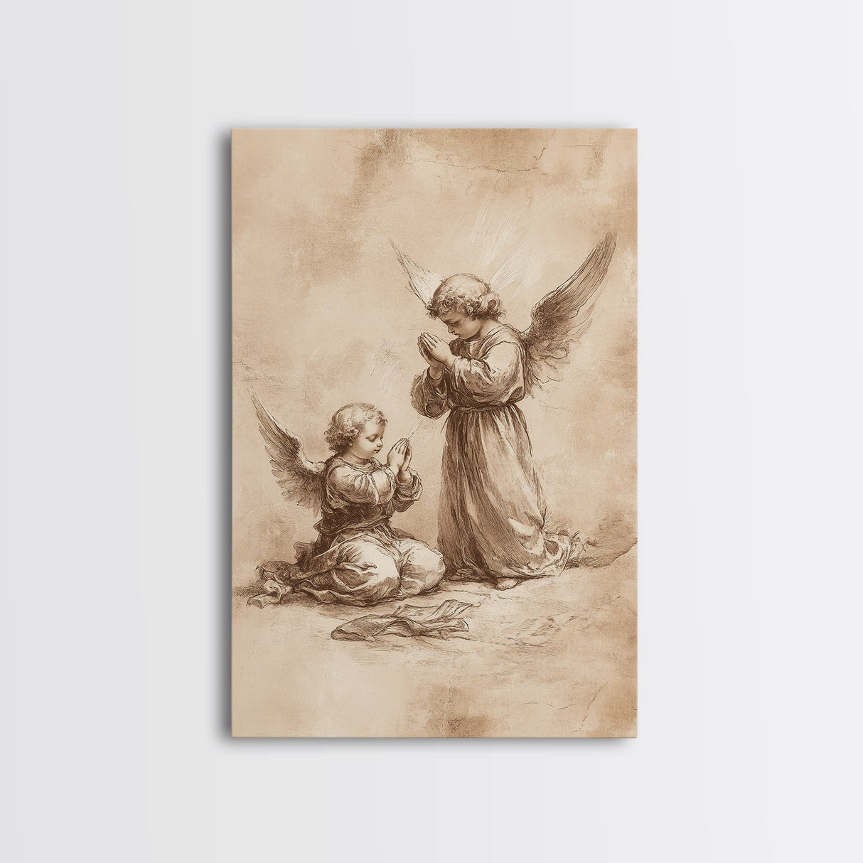 Guardian Angel Wall Art, Angel Painting, Canvas Print, Angel Decor, Angelic Wall Art, Cute Cherub Angel Sketch Art